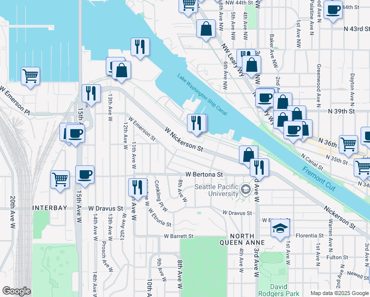 map of restaurants, bars, coffee shops, grocery stores, and more near 661 West Nickerson Street in Seattle