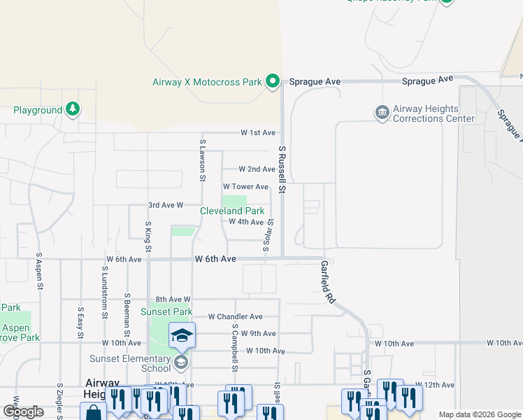 map of restaurants, bars, coffee shops, grocery stores, and more near 12421 West Meadow Court in Airway Heights