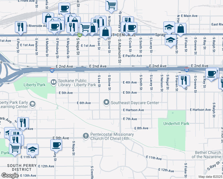 map of restaurants, bars, coffee shops, grocery stores, and more near 2301 East 5th Avenue in Spokane