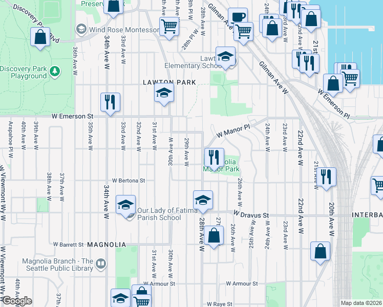 map of restaurants, bars, coffee shops, grocery stores, and more near 3518 29th Avenue West in Seattle