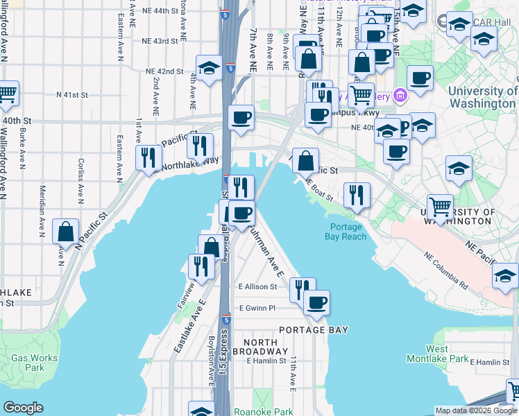 map of restaurants, bars, coffee shops, grocery stores, and more near 3258 Portage Bay Place East in Seattle