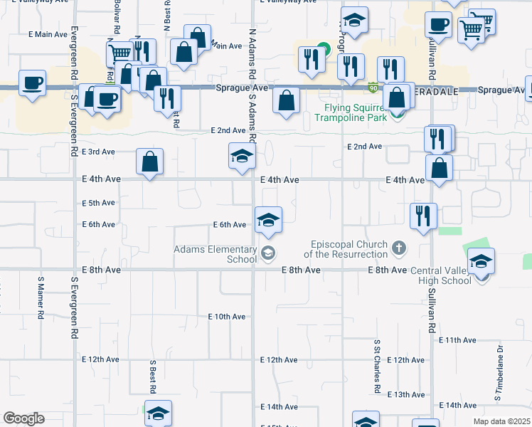 map of restaurants, bars, coffee shops, grocery stores, and more near 421 South Adams Road in Spokane Valley