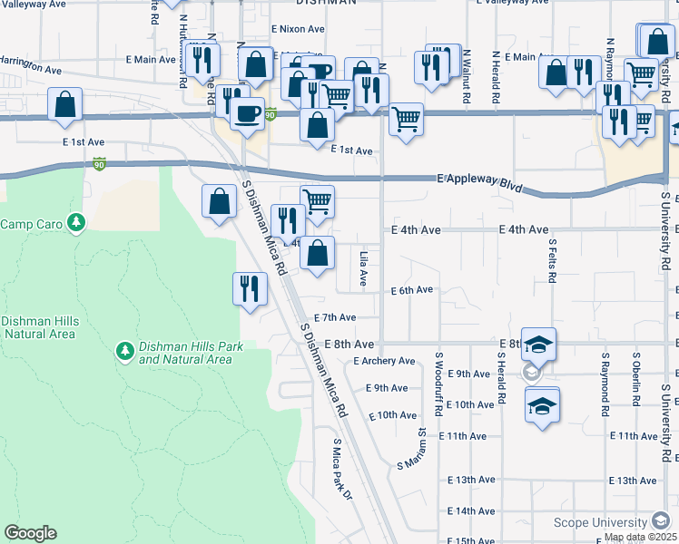 map of restaurants, bars, coffee shops, grocery stores, and more near 67 Betty Avenue in Spokane Valley
