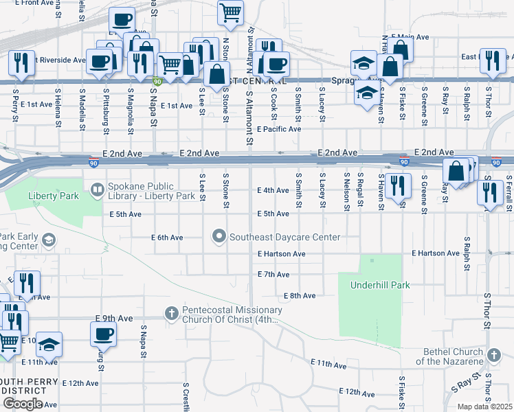 map of restaurants, bars, coffee shops, grocery stores, and more near in Spokane
