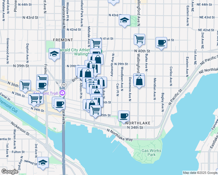 map of restaurants, bars, coffee shops, grocery stores, and more near 3648 Ashworth Avenue North in Seattle