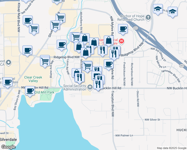 map of restaurants, bars, coffee shops, grocery stores, and more near 9860 Bushlac Lane Northwest in Silverdale