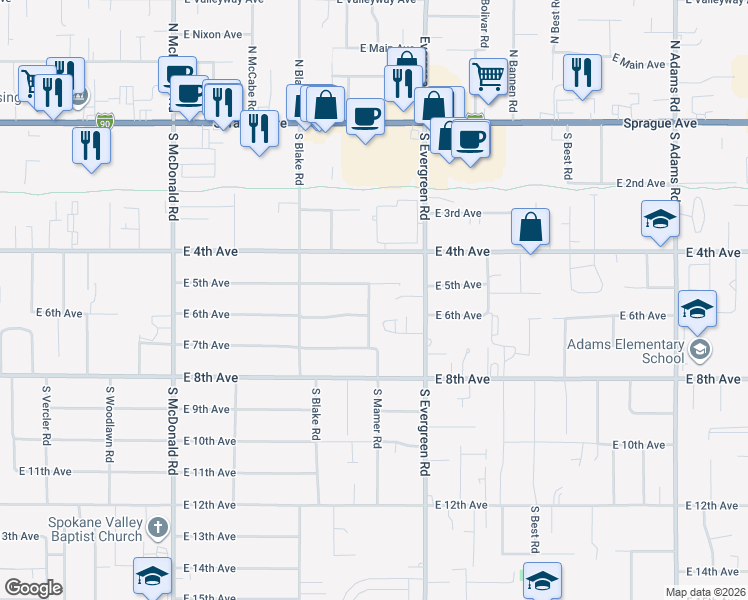 map of restaurants, bars, coffee shops, grocery stores, and more near 515 South Mamer Road in Spokane Valley