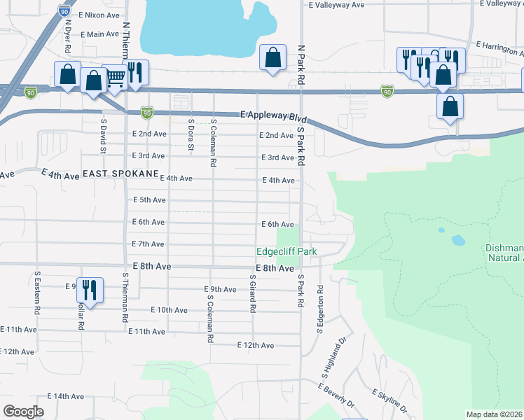 map of restaurants, bars, coffee shops, grocery stores, and more near 7314 East 5th Avenue in Spokane Valley