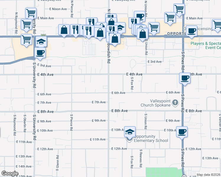 map of restaurants, bars, coffee shops, grocery stores, and more near 517 South Bowdish Road in Spokane Valley