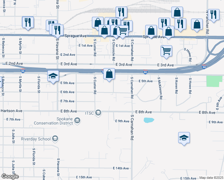 map of restaurants, bars, coffee shops, grocery stores, and more near 4821 East 6th Avenue in Spokane Valley