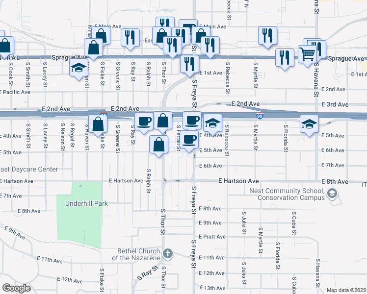 map of restaurants, bars, coffee shops, grocery stores, and more near 421 South Ferrall Street in Spokane
