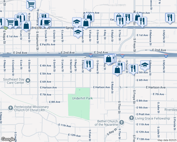 map of restaurants, bars, coffee shops, grocery stores, and more near 424 South Fiske Street in Spokane
