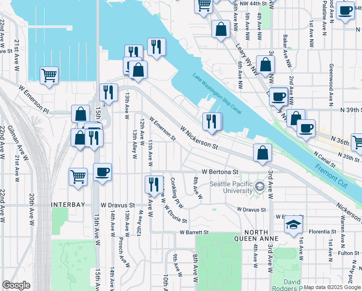 map of restaurants, bars, coffee shops, grocery stores, and more near 9th Avenue West & West Emerson Street in Seattle