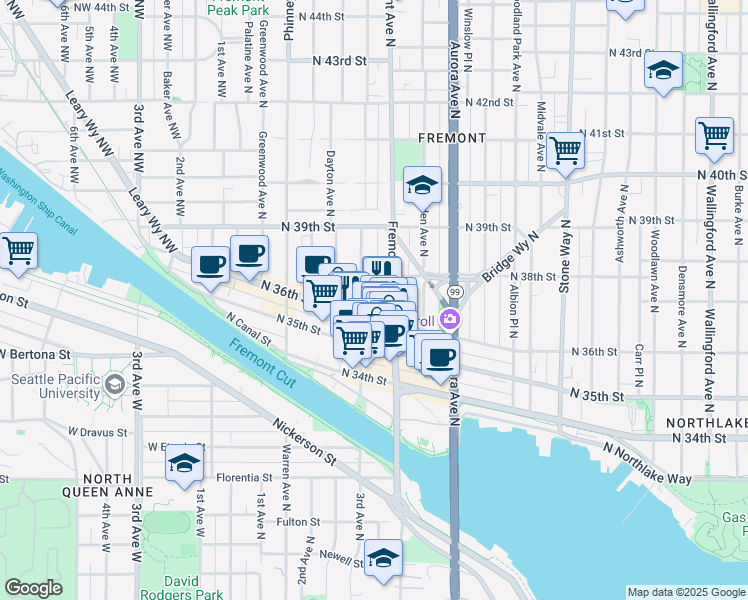 map of restaurants, bars, coffee shops, grocery stores, and more near 3614 Evanston Avenue North in Seattle