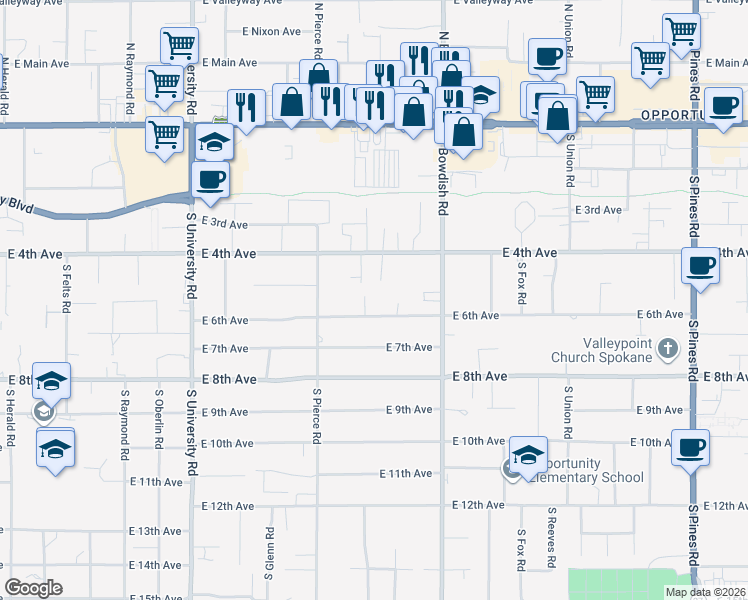 map of restaurants, bars, coffee shops, grocery stores, and more near 509 South Skipworth Road in Spokane Valley