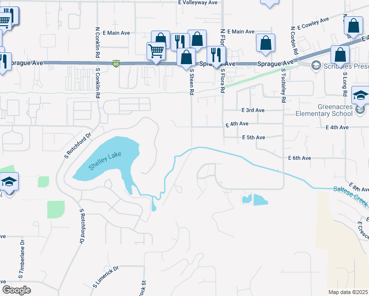 map of restaurants, bars, coffee shops, grocery stores, and more near 516 South Steen Road in Spokane Valley