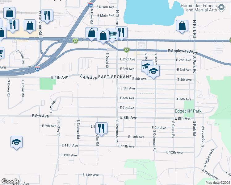 map of restaurants, bars, coffee shops, grocery stores, and more near 512 South Thierman Road in Spokane Valley