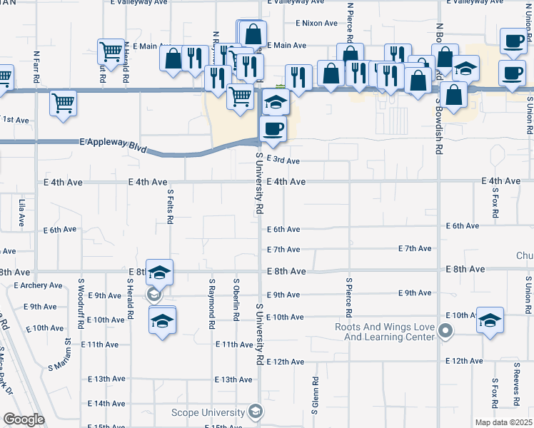 map of restaurants, bars, coffee shops, grocery stores, and more near 511 South University Road in Spokane Valley