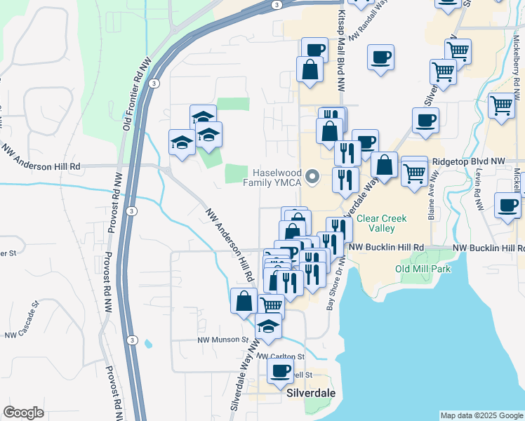 map of restaurants, bars, coffee shops, grocery stores, and more near 3700 Northwest Anderson Hill Road in Silverdale