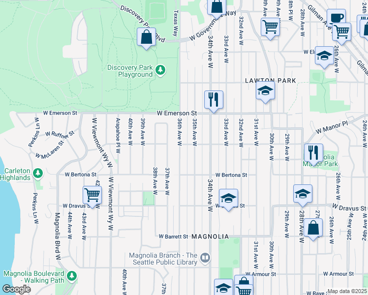 map of restaurants, bars, coffee shops, grocery stores, and more near 3454 36th Ave W in Seattle
