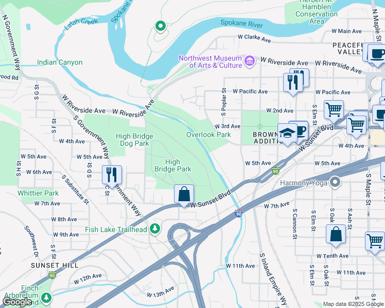 map of restaurants, bars, coffee shops, grocery stores, and more near High Bridge Park in Spokane