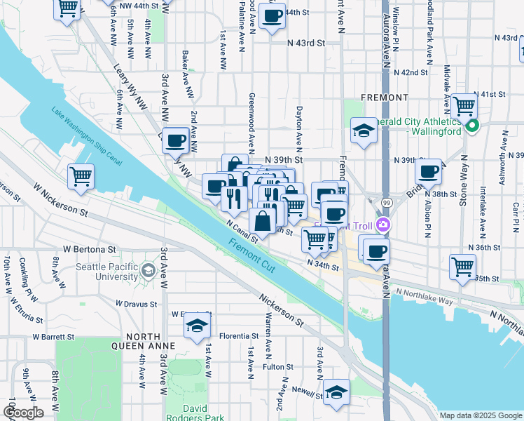 map of restaurants, bars, coffee shops, grocery stores, and more near 315 North 36th Street in Seattle