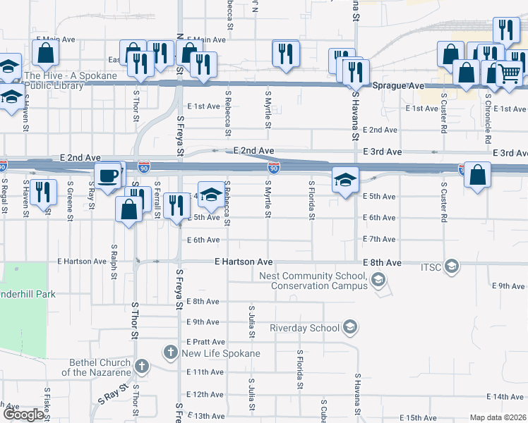 map of restaurants, bars, coffee shops, grocery stores, and more near 3923 East 5th Avenue in Spokane
