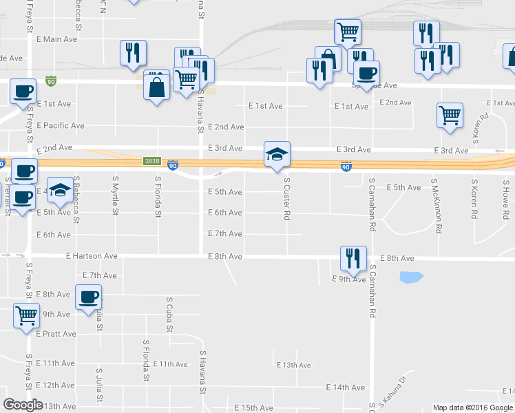 map of restaurants, bars, coffee shops, grocery stores, and more near 4513 East 6th Avenue in Spokane Valley