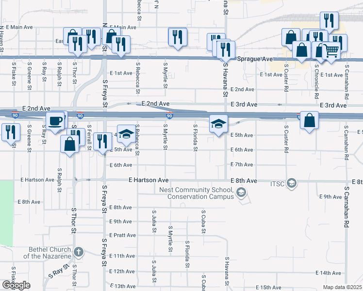 map of restaurants, bars, coffee shops, grocery stores, and more near 4033 East 5th Avenue in Spokane