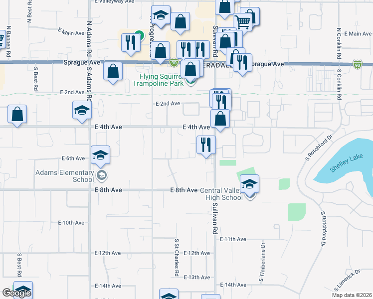 map of restaurants, bars, coffee shops, grocery stores, and more near 15307 East 6th Avenue in Spokane Valley