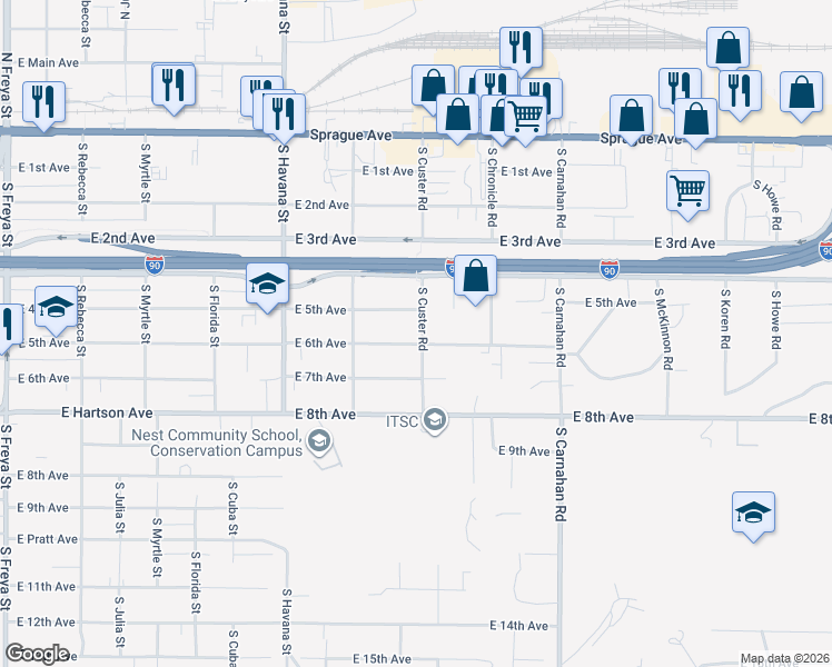 map of restaurants, bars, coffee shops, grocery stores, and more near 514 South Custer Road in Spokane Valley