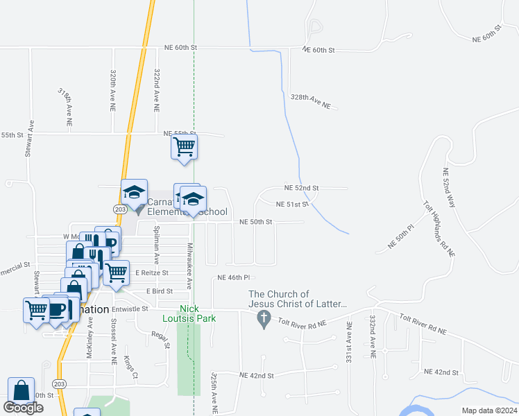 map of restaurants, bars, coffee shops, grocery stores, and more near 5040 327th Avenue Northeast in Carnation