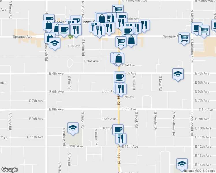 map of restaurants, bars, coffee shops, grocery stores, and more near 12121 East 6th Avenue in Spokane Valley