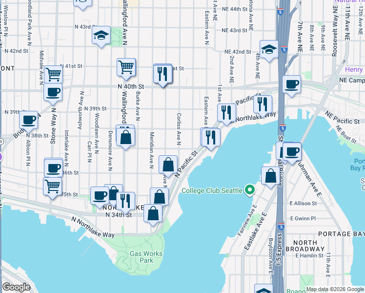 map of restaurants, bars, coffee shops, grocery stores, and more near 2308 North 37th Street in Seattle