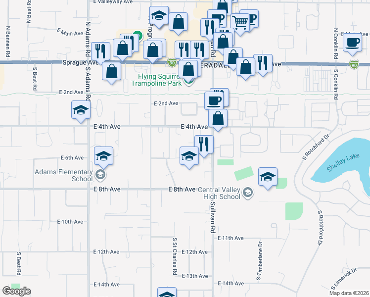 map of restaurants, bars, coffee shops, grocery stores, and more near 15307 East 6th Avenue in Spokane Valley