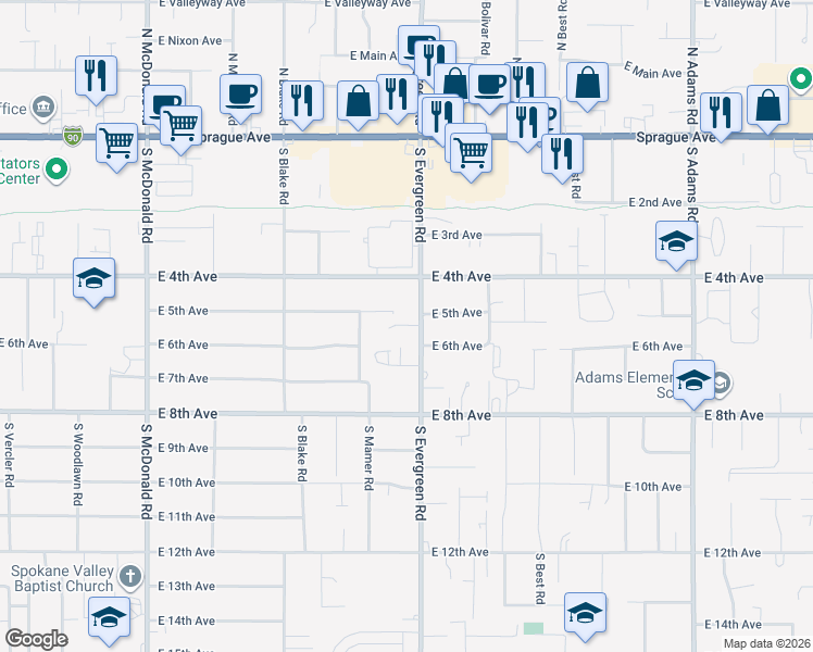 map of restaurants, bars, coffee shops, grocery stores, and more near 13812 East 5th Court in Spokane Valley