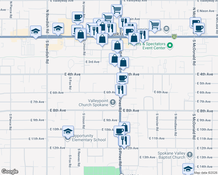 map of restaurants, bars, coffee shops, grocery stores, and more near 12121 East 6th Avenue in Spokane Valley
