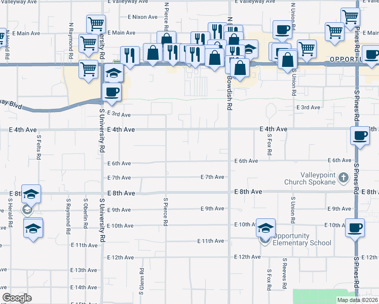 map of restaurants, bars, coffee shops, grocery stores, and more near 509 South Skipworth Road in Spokane Valley