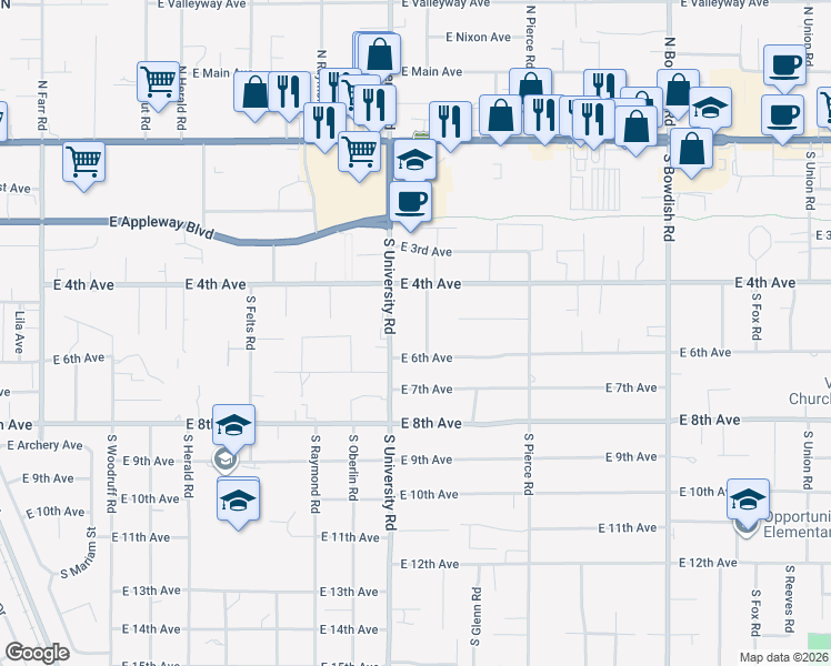map of restaurants, bars, coffee shops, grocery stores, and more near 511 South University Road in Spokane Valley