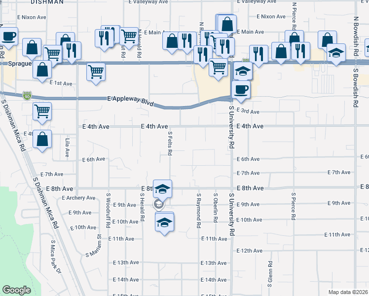 map of restaurants, bars, coffee shops, grocery stores, and more near 10329 East 5th Lane in Spokane Valley