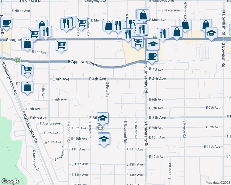 map of restaurants, bars, coffee shops, grocery stores, and more near 10329 East 5th Lane in Spokane Valley