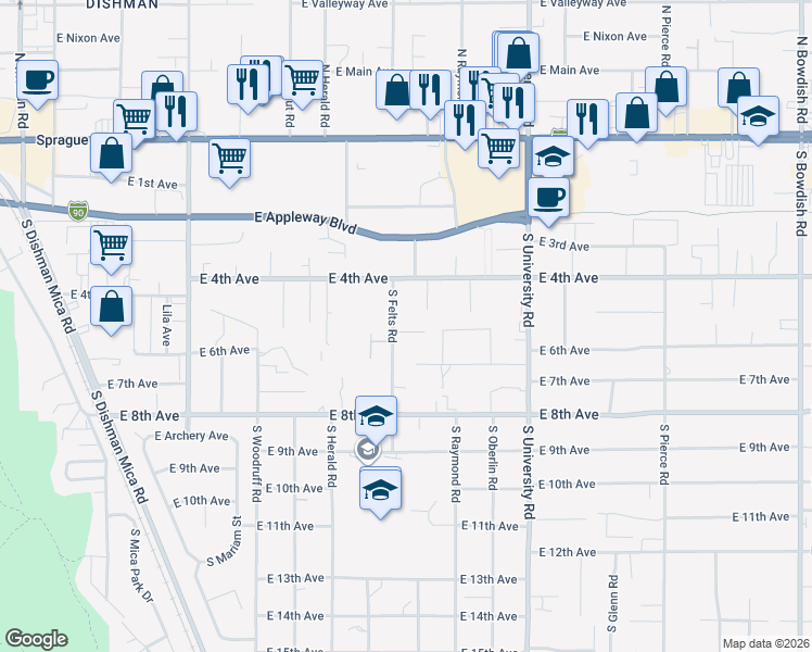 map of restaurants, bars, coffee shops, grocery stores, and more near 10329 East 5th Lane in Spokane Valley
