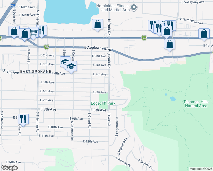 map of restaurants, bars, coffee shops, grocery stores, and more near 510 South Park Road in Spokane Valley
