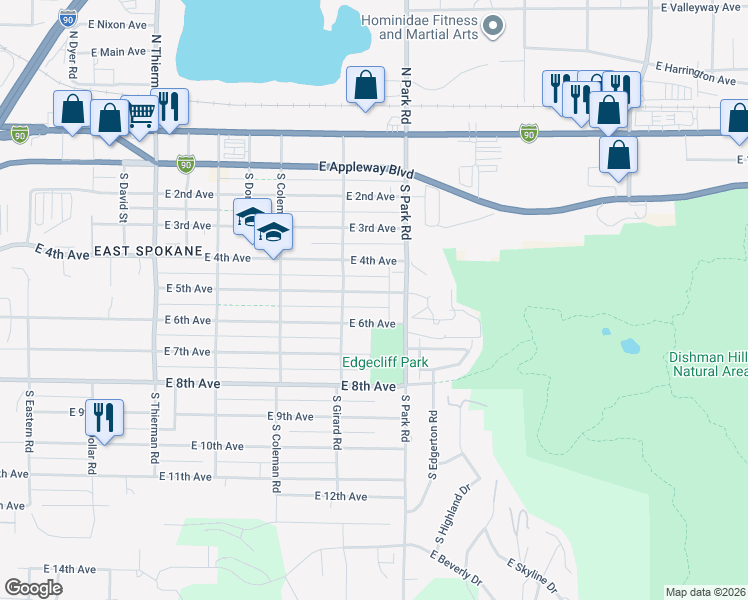 map of restaurants, bars, coffee shops, grocery stores, and more near 7314 East 5th Avenue in Spokane Valley