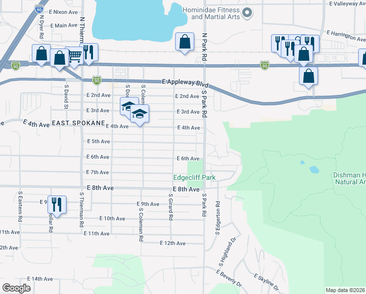 map of restaurants, bars, coffee shops, grocery stores, and more near 7314 East 5th Avenue in Spokane Valley