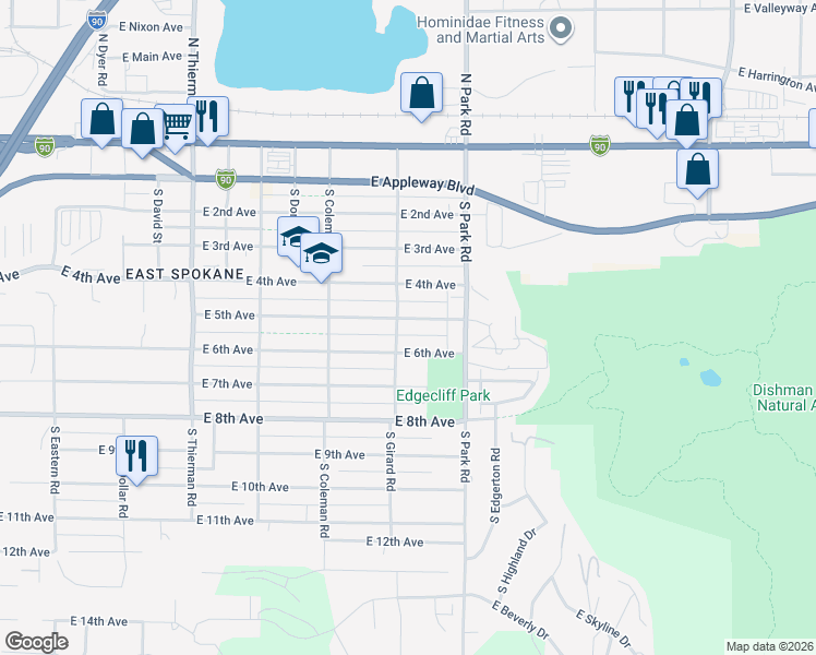 map of restaurants, bars, coffee shops, grocery stores, and more near 7314 East 5th Avenue in Spokane Valley