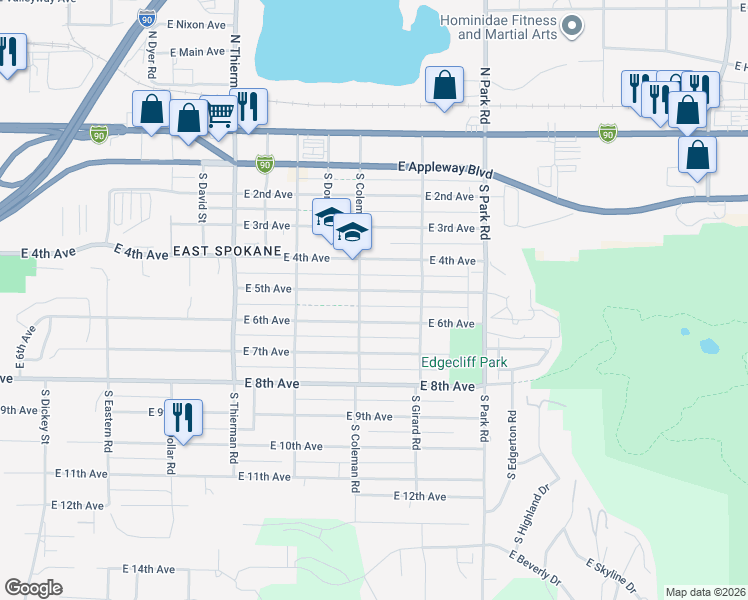 map of restaurants, bars, coffee shops, grocery stores, and more near 7110 East 5th Avenue in Spokane Valley