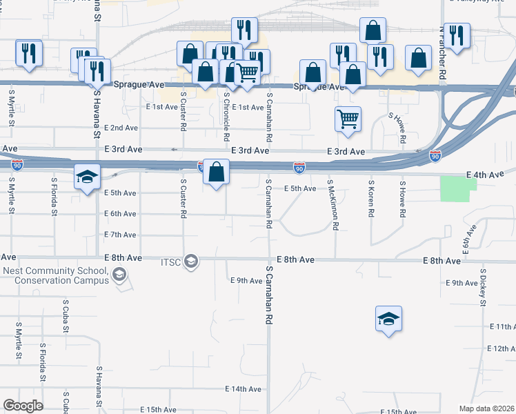 map of restaurants, bars, coffee shops, grocery stores, and more near 520 South Carnahan Road in Spokane Valley