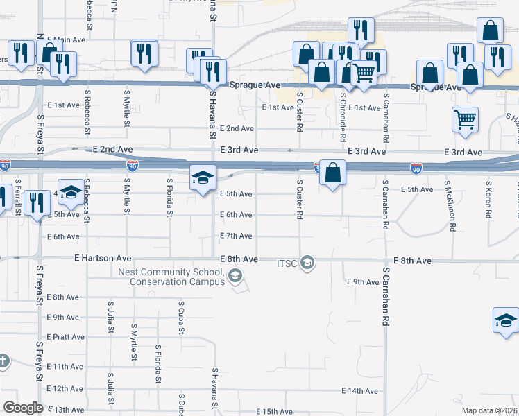map of restaurants, bars, coffee shops, grocery stores, and more near 4513 East 6th Avenue in Spokane Valley