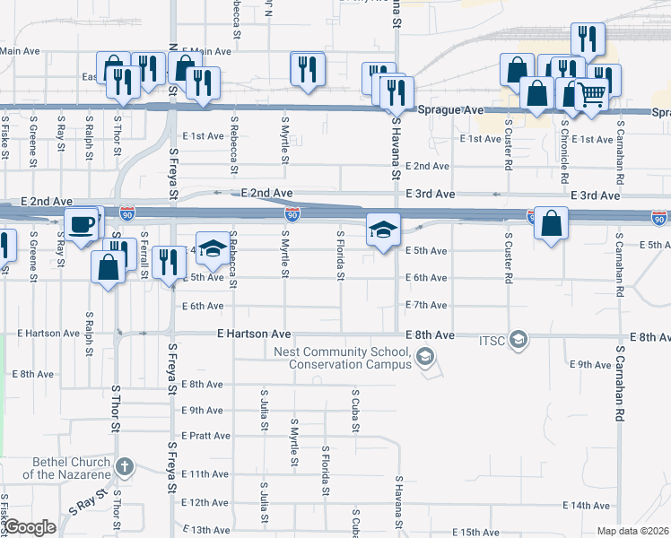 map of restaurants, bars, coffee shops, grocery stores, and more near 4103 East 5th Avenue in Spokane